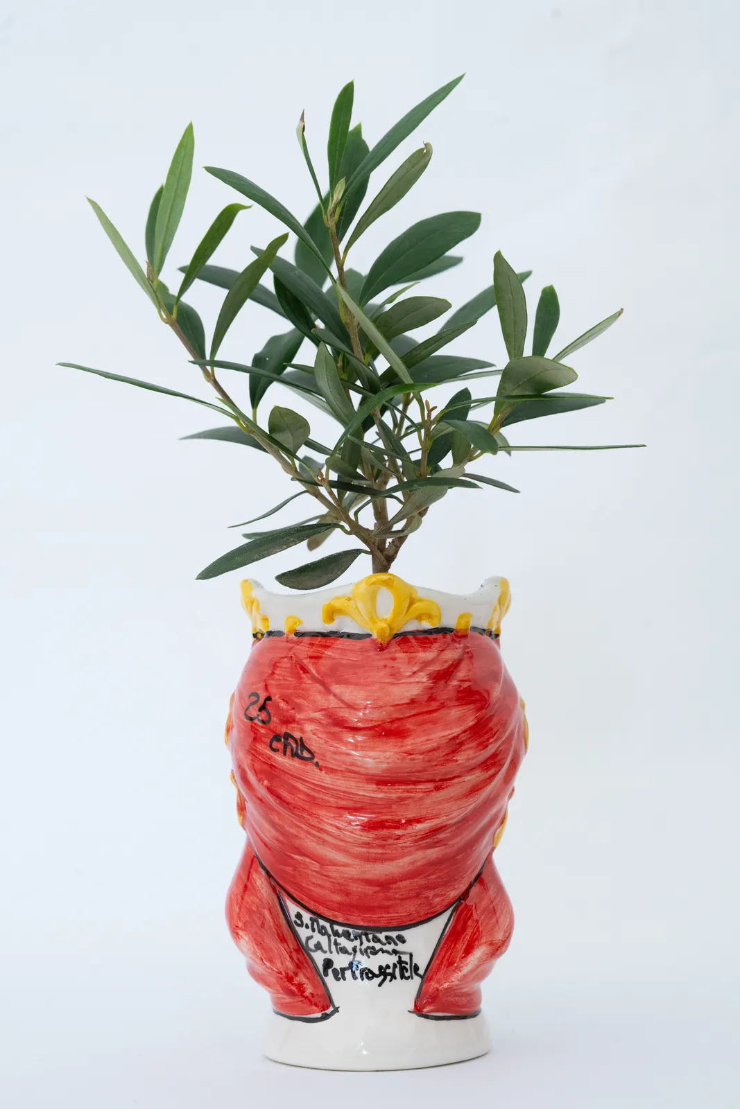 Vaso in ceramica a forma di pantaloni rossi con gambe e accenti dorati, che ospita una pianta verde con foglie. Il vaso ha un testo scritto a mano in nero e lo sfondo è bianco.